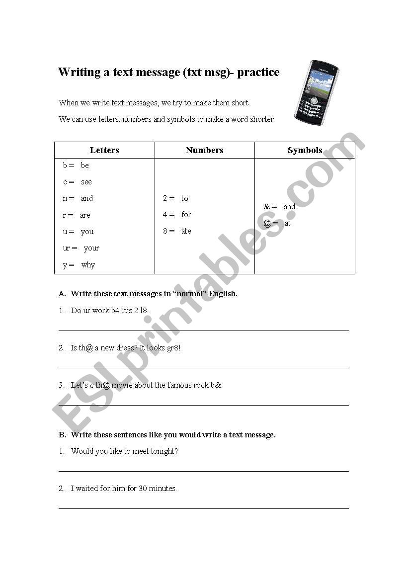 text message worksheet