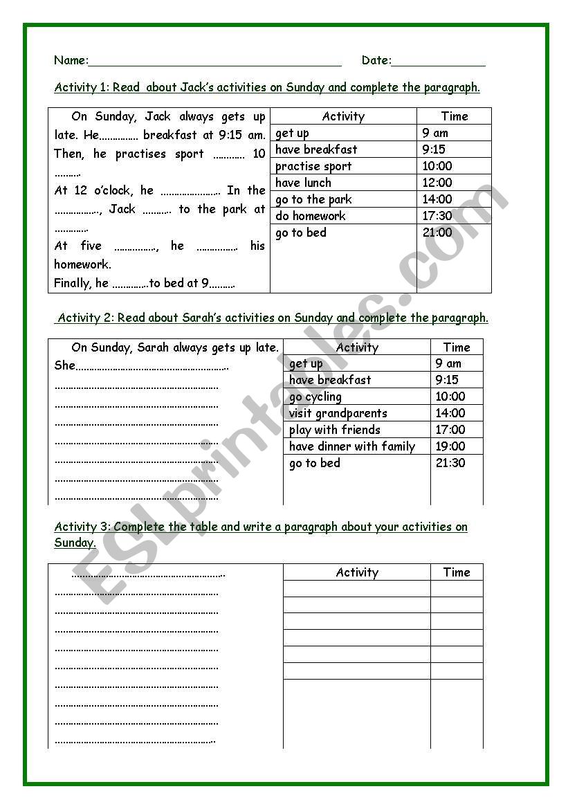 Daily Activities worksheet