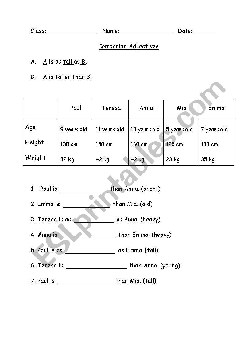 comparing adjectve worksheet
