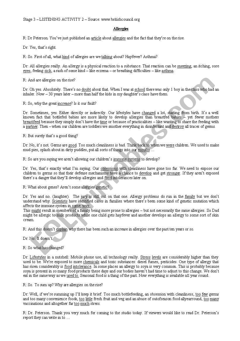 Listening 2 Allergies Download At Britishcouncil Org Esl Worksheet By Annyvoos