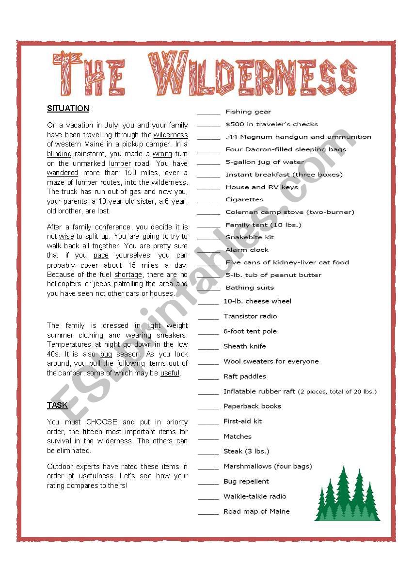 WILDERNESS: SURVIVAL EXERCISE worksheet