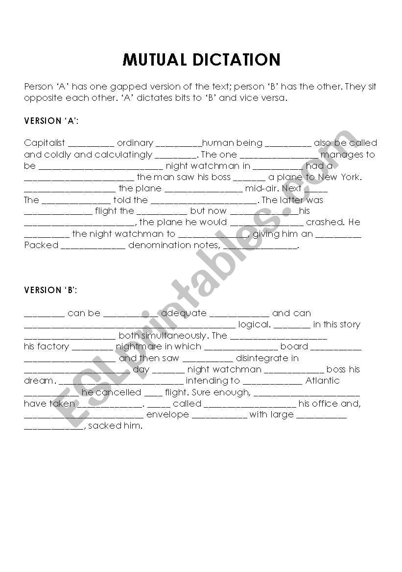 MUTUAL DICTATION ACTIVITY worksheet