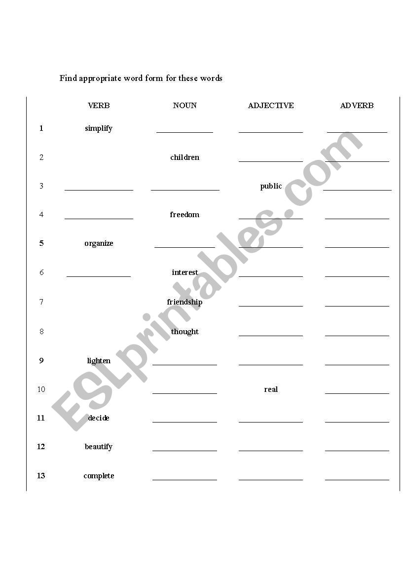 word form worksheet