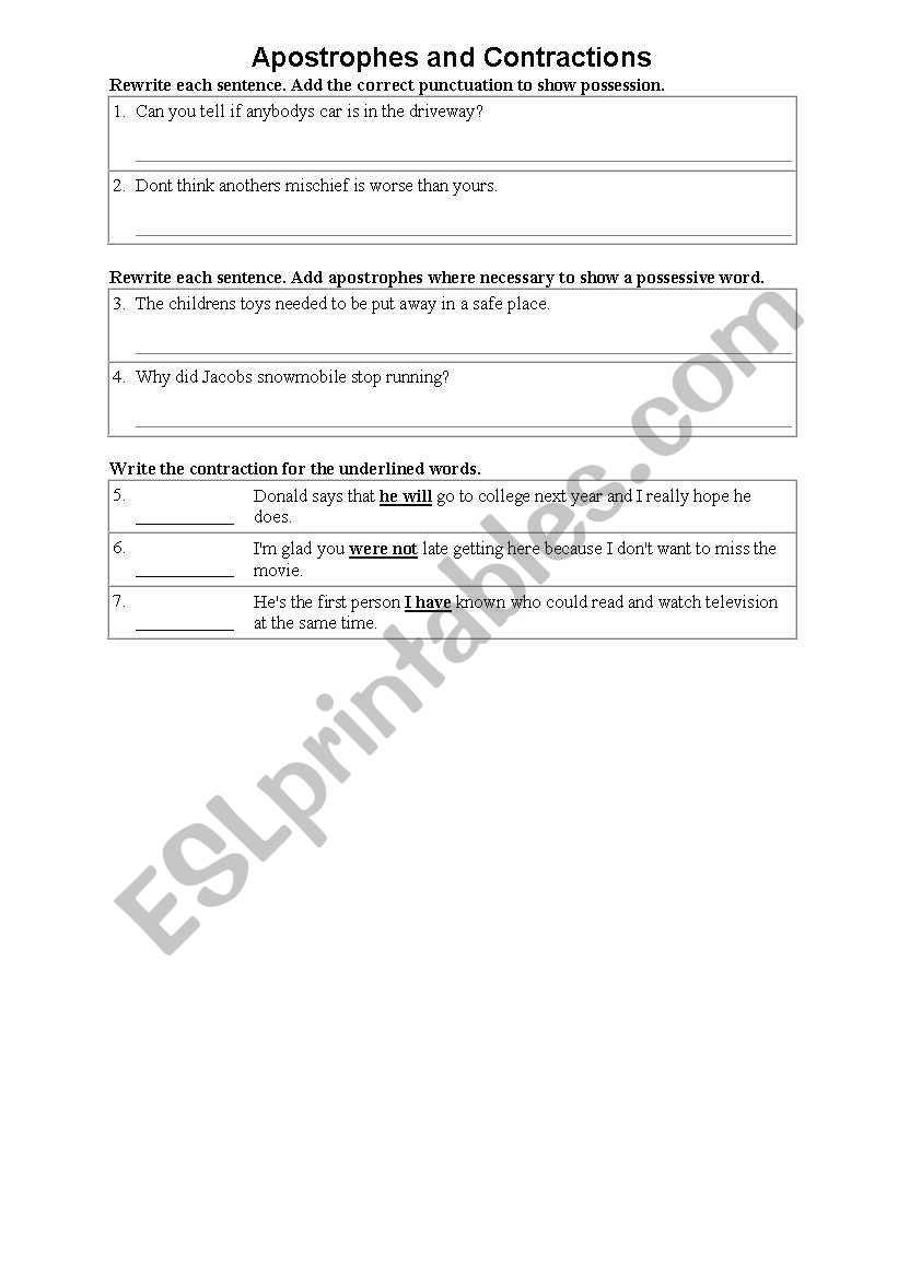 Apostrophes and Contractions worksheet