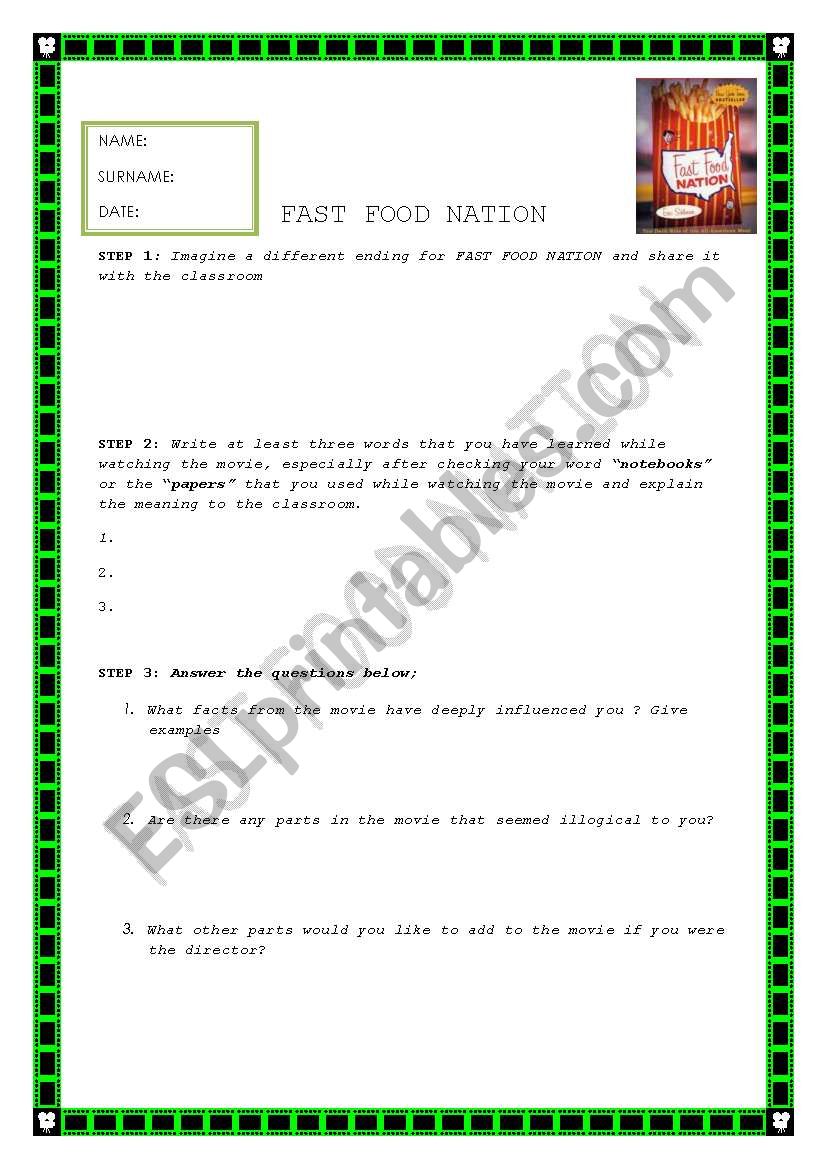 Fast Food Nation Movie Worksheet