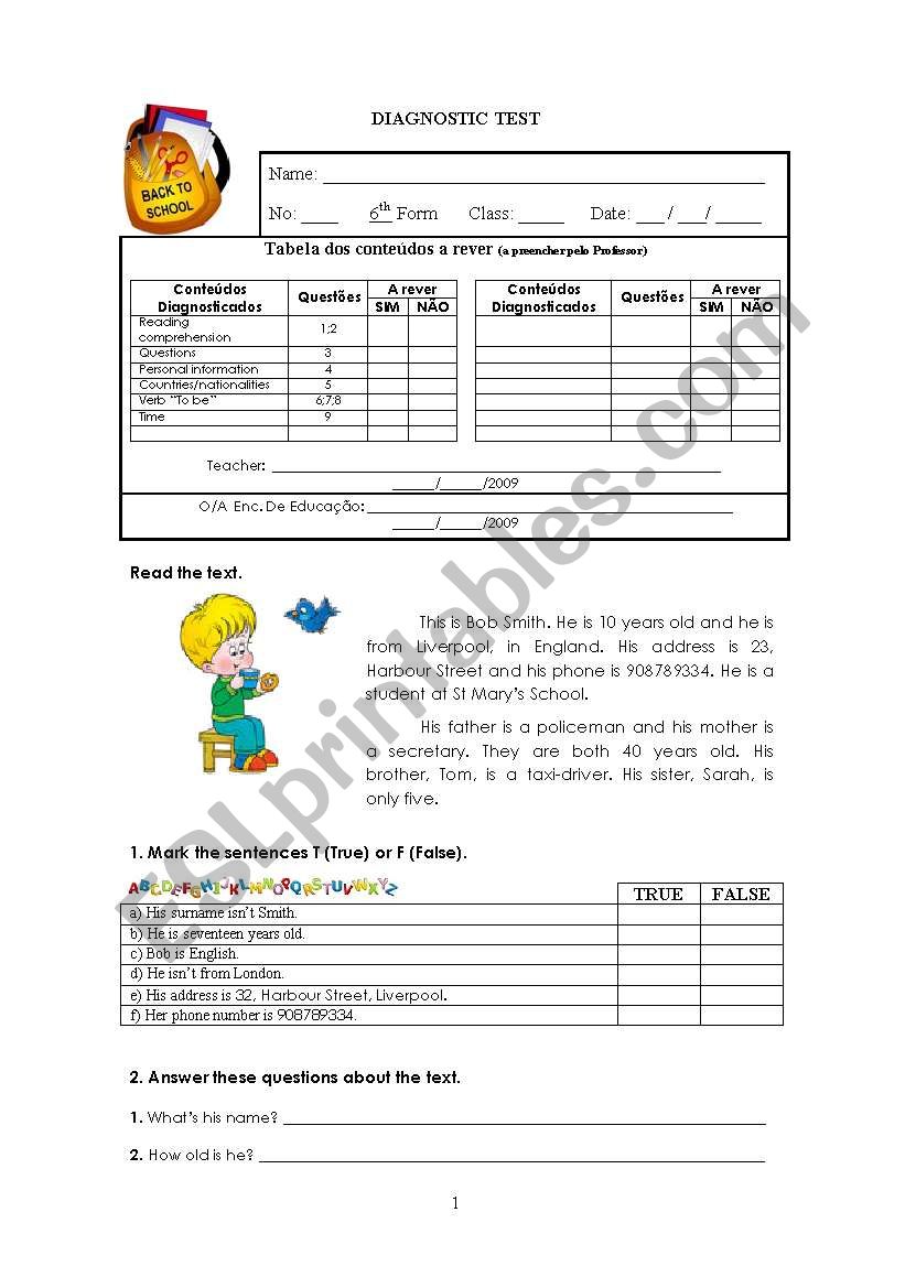 Diagnostic test - 6th grade (1/2)