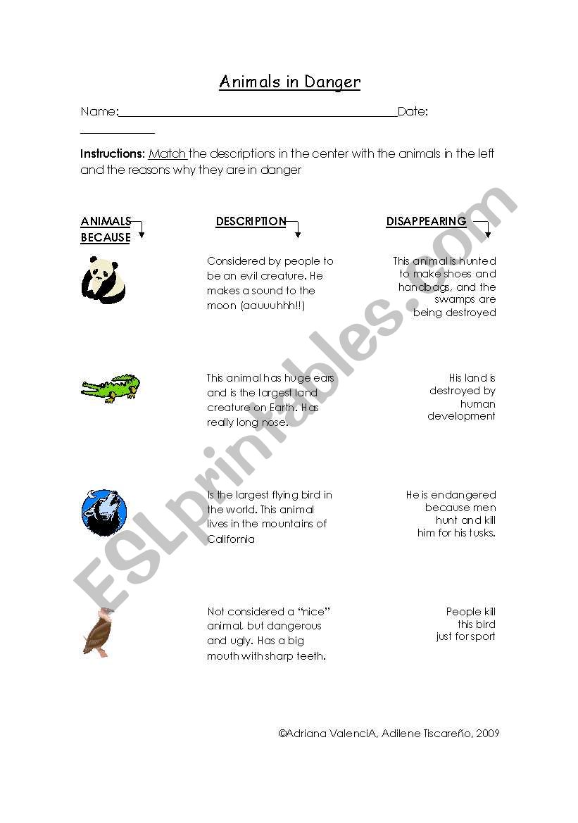 Animals in danger worksheet