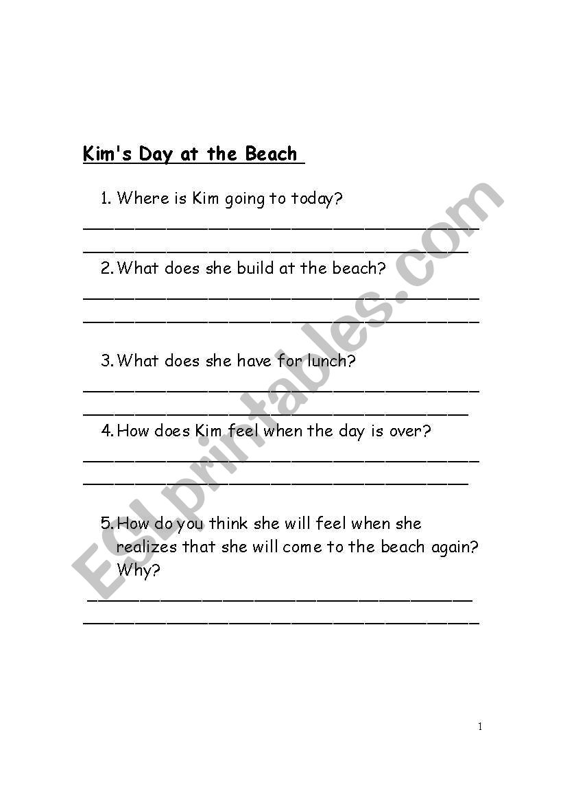 Kims Day At The  Beach worksheet