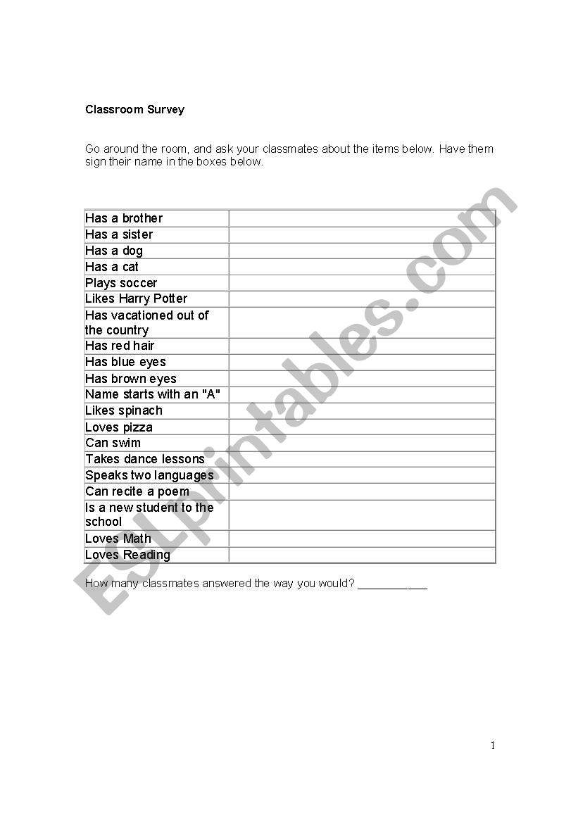 Summer Survey worksheet