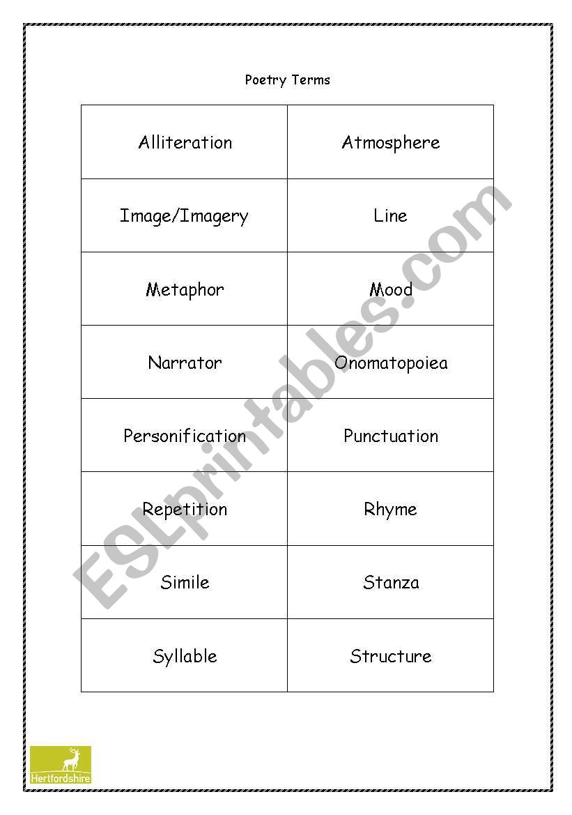 poetry terms worksheet