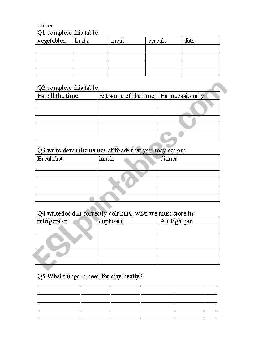 sciense food worksheet