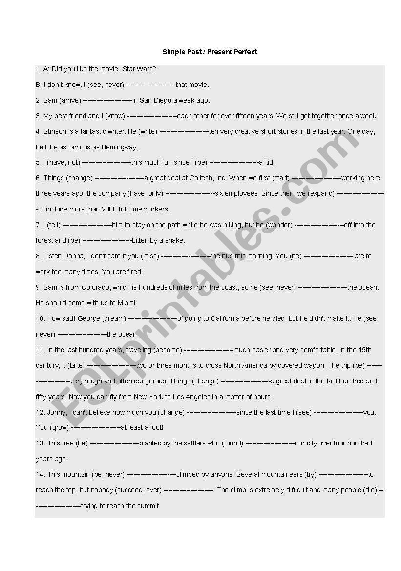 perfect vs. past tense worksheet