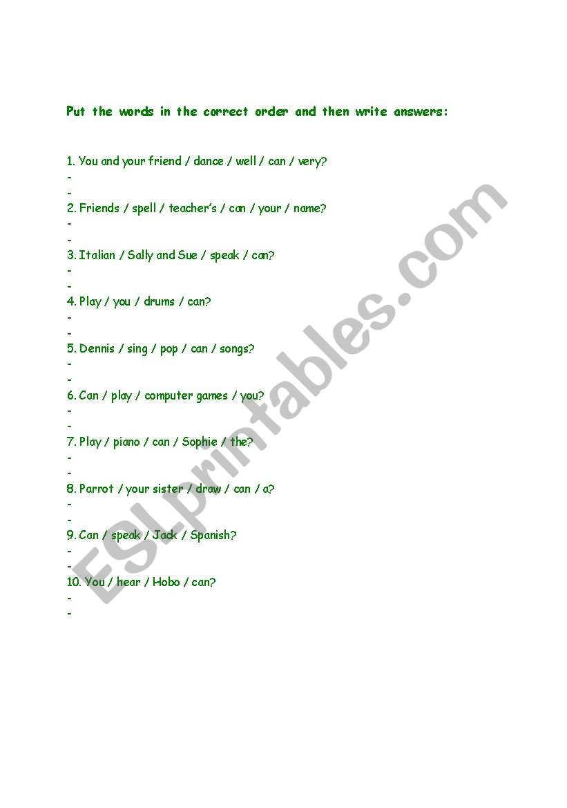 word order worksheet