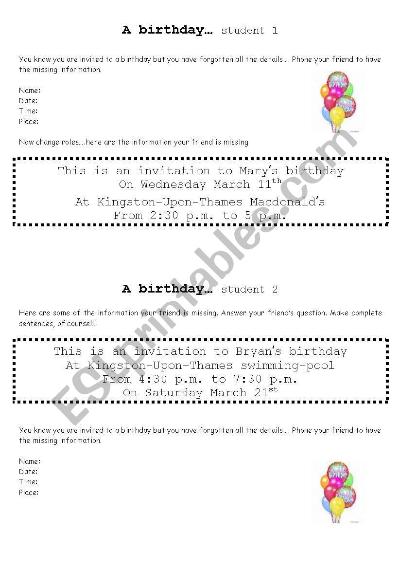 Birthday Invitation worksheet