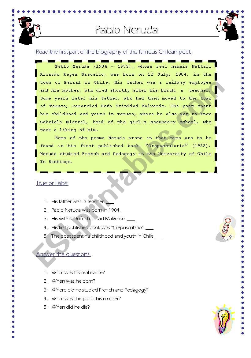 Pablo Nerudas Biography worksheet