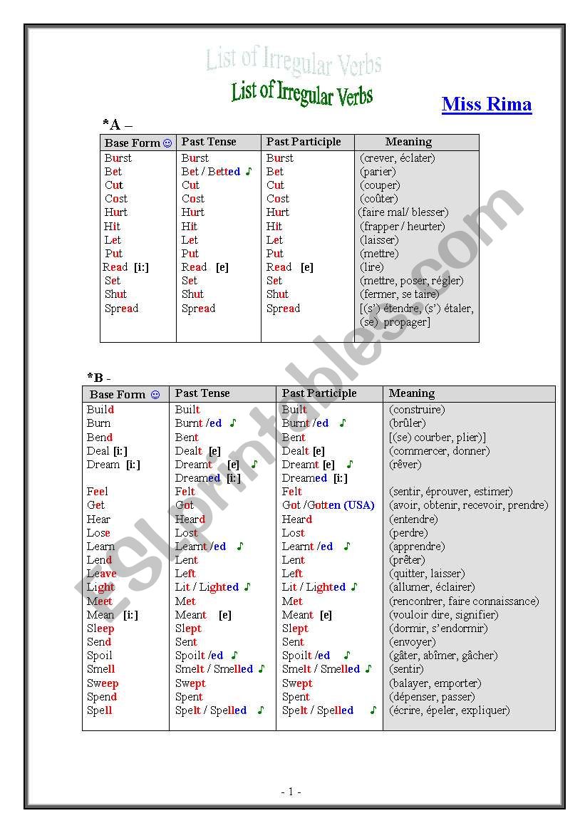 Irreegular Verbs worksheet