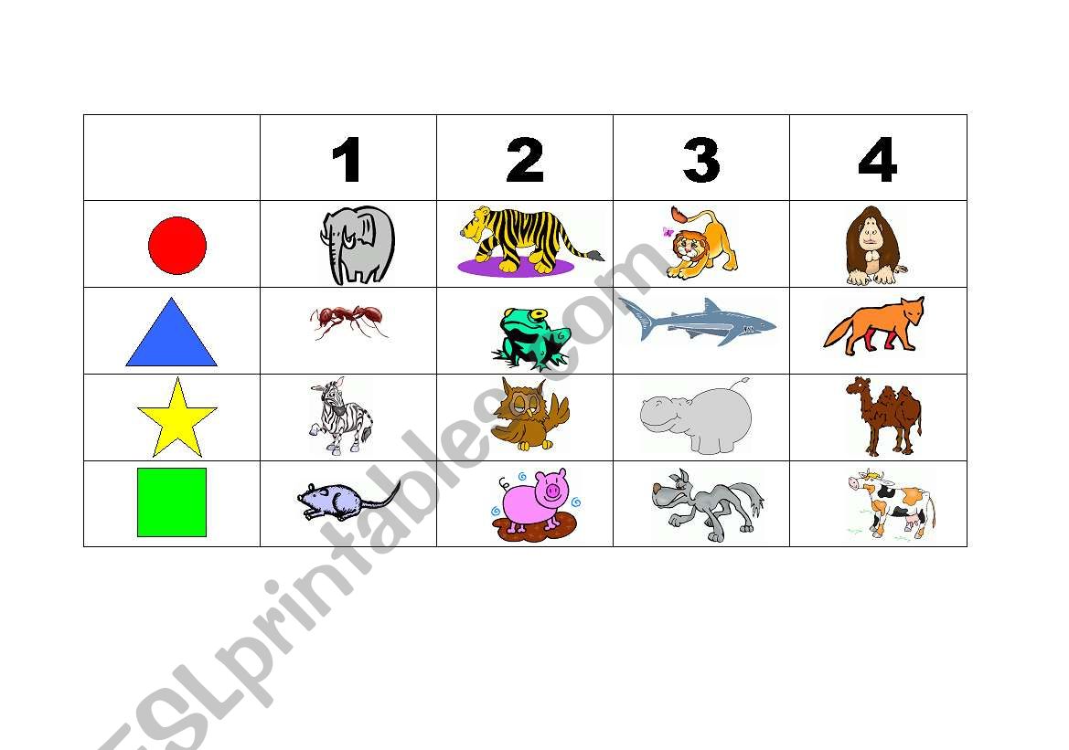 Animals and shapes game worksheet