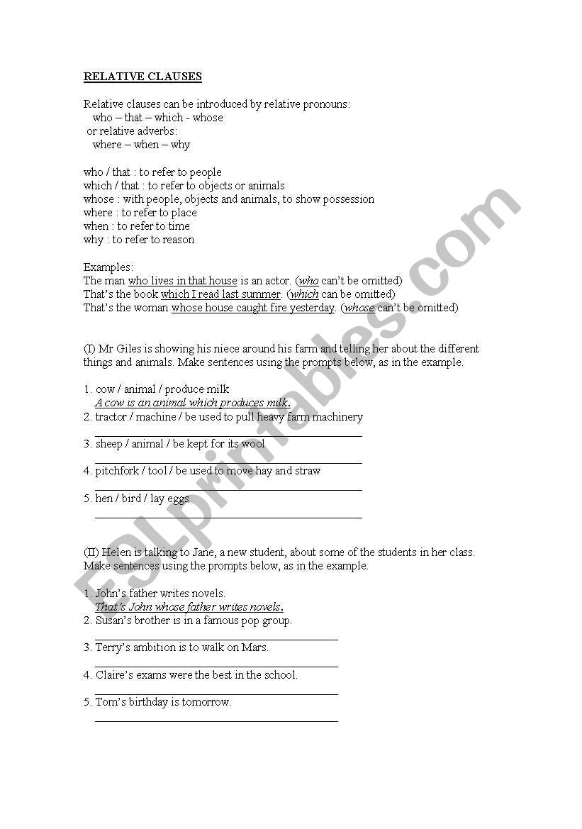 Relative Clauses worksheet