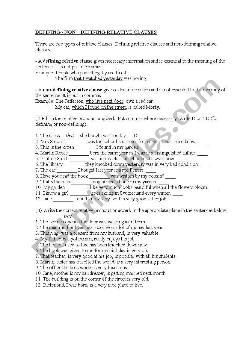 Defining/Non-defining relative clauses