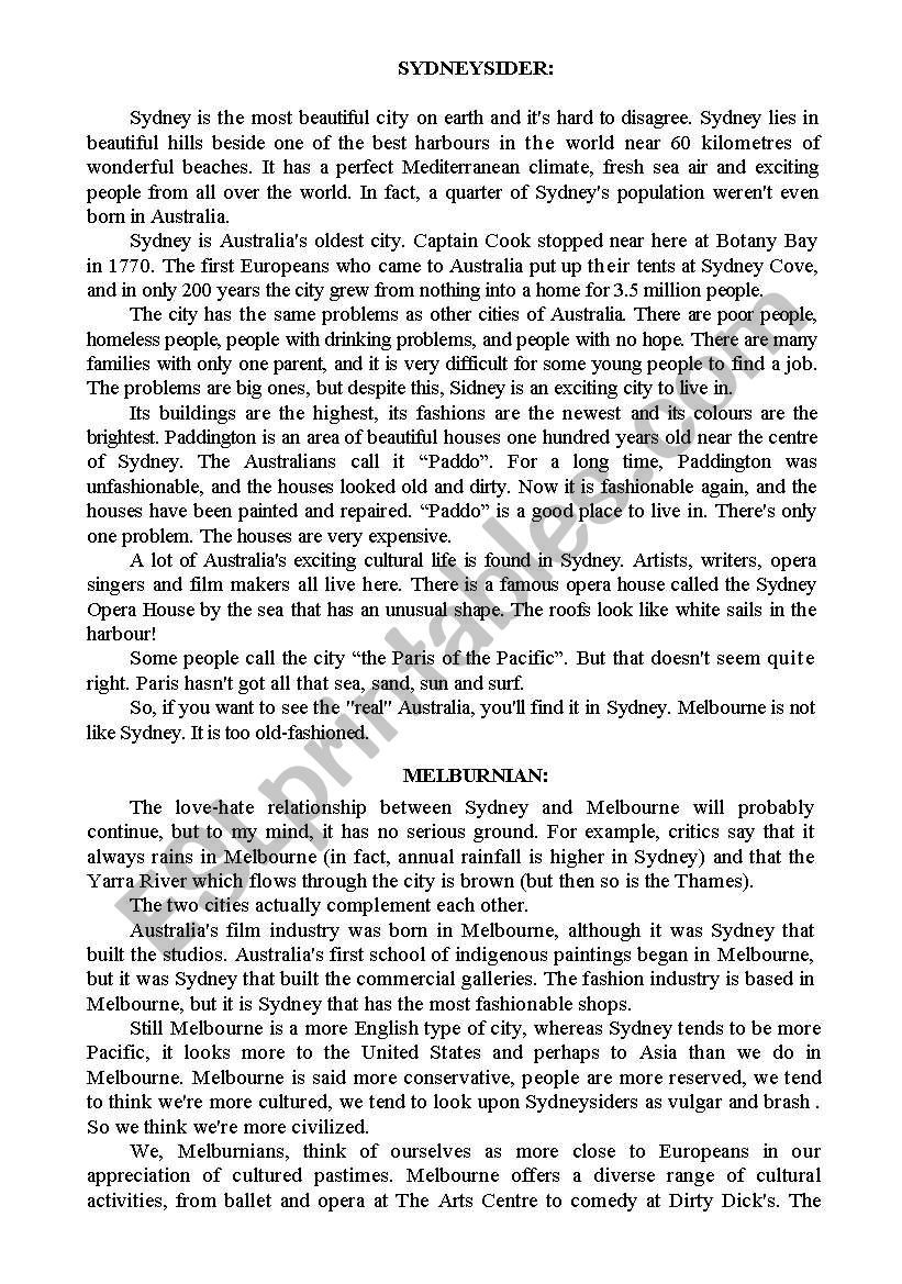 Big cities in Australia worksheet