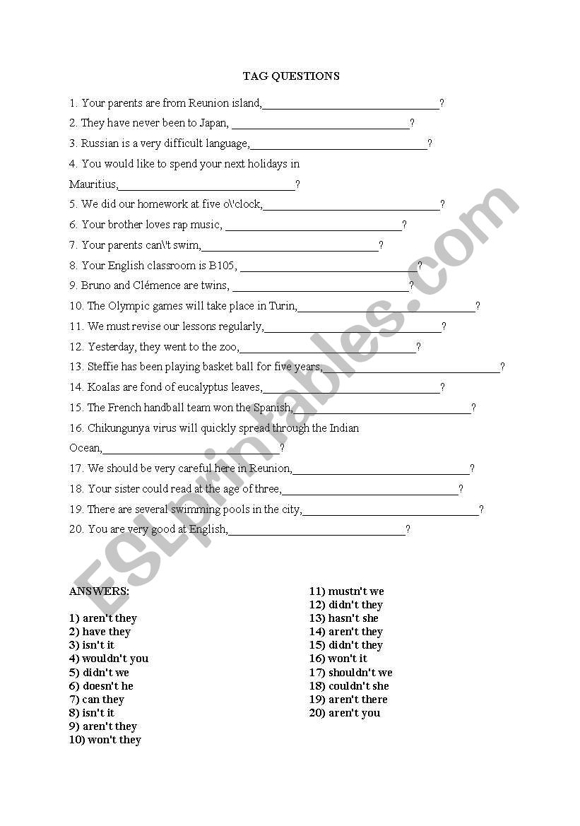 tag questions worksheet