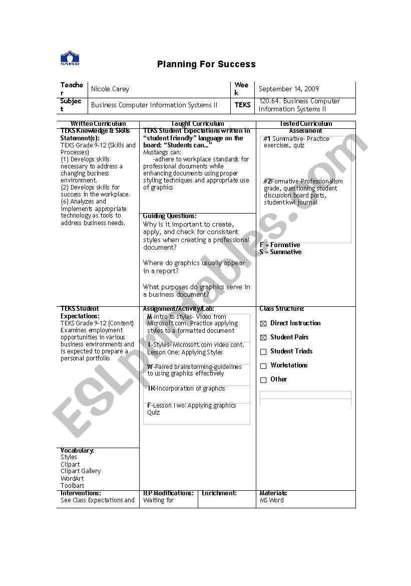 MS Word Lesson plan-Styles worksheet