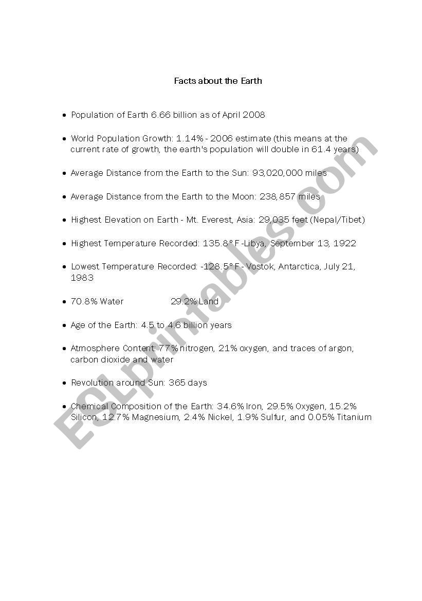 earth facts worksheet