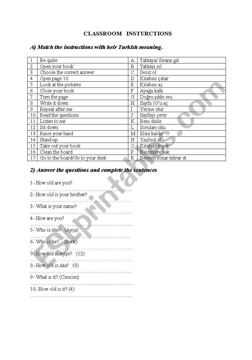 classroom instructions worksheet