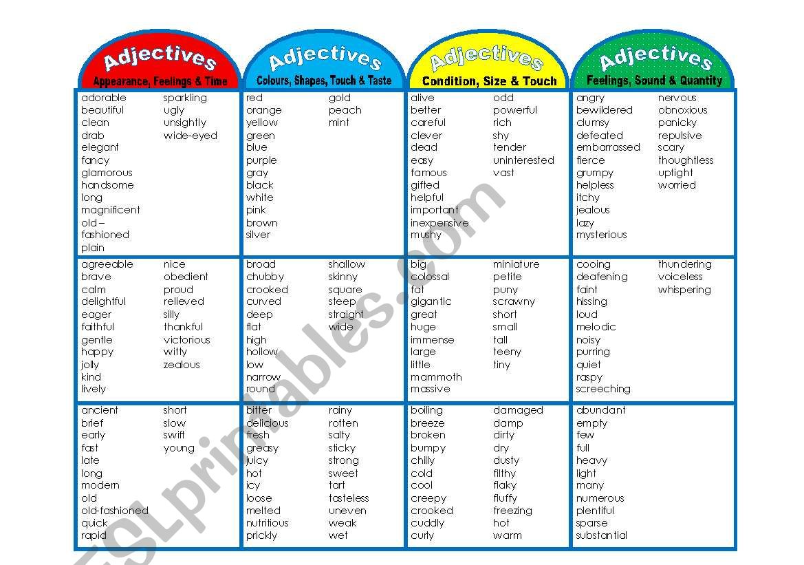 Adjective Bookmarks (Categorized into 12 groups)