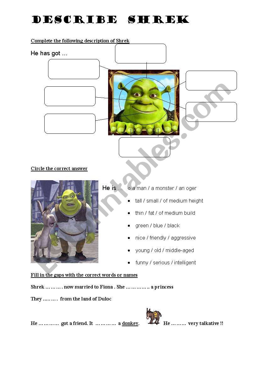 DESCRIBE SHREK worksheet