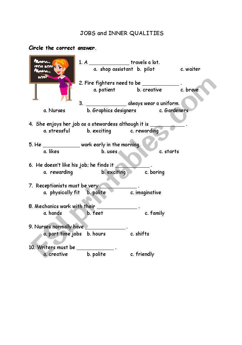 Multiple choice test on jobs and inner qualities