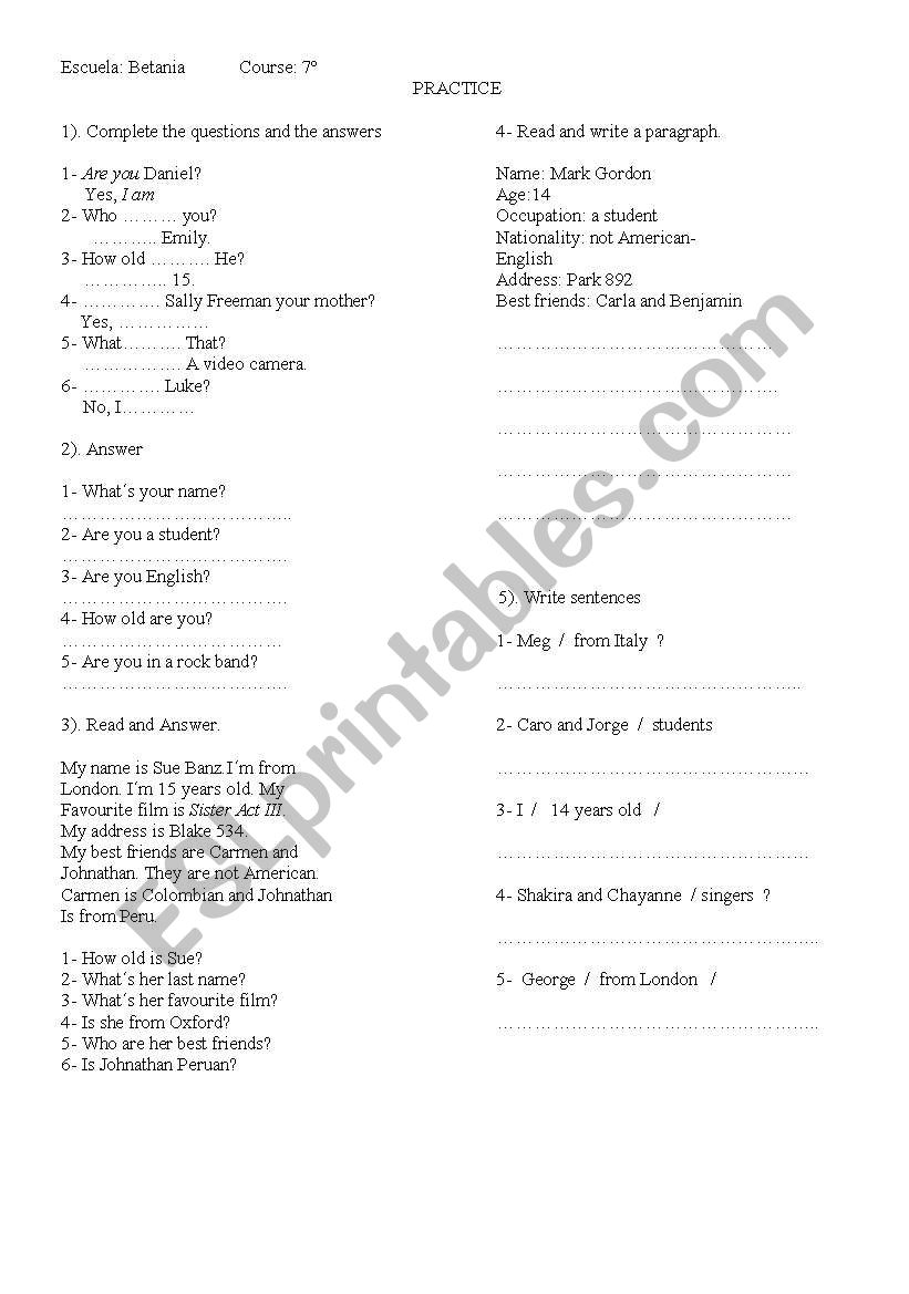 verb to be worksheet