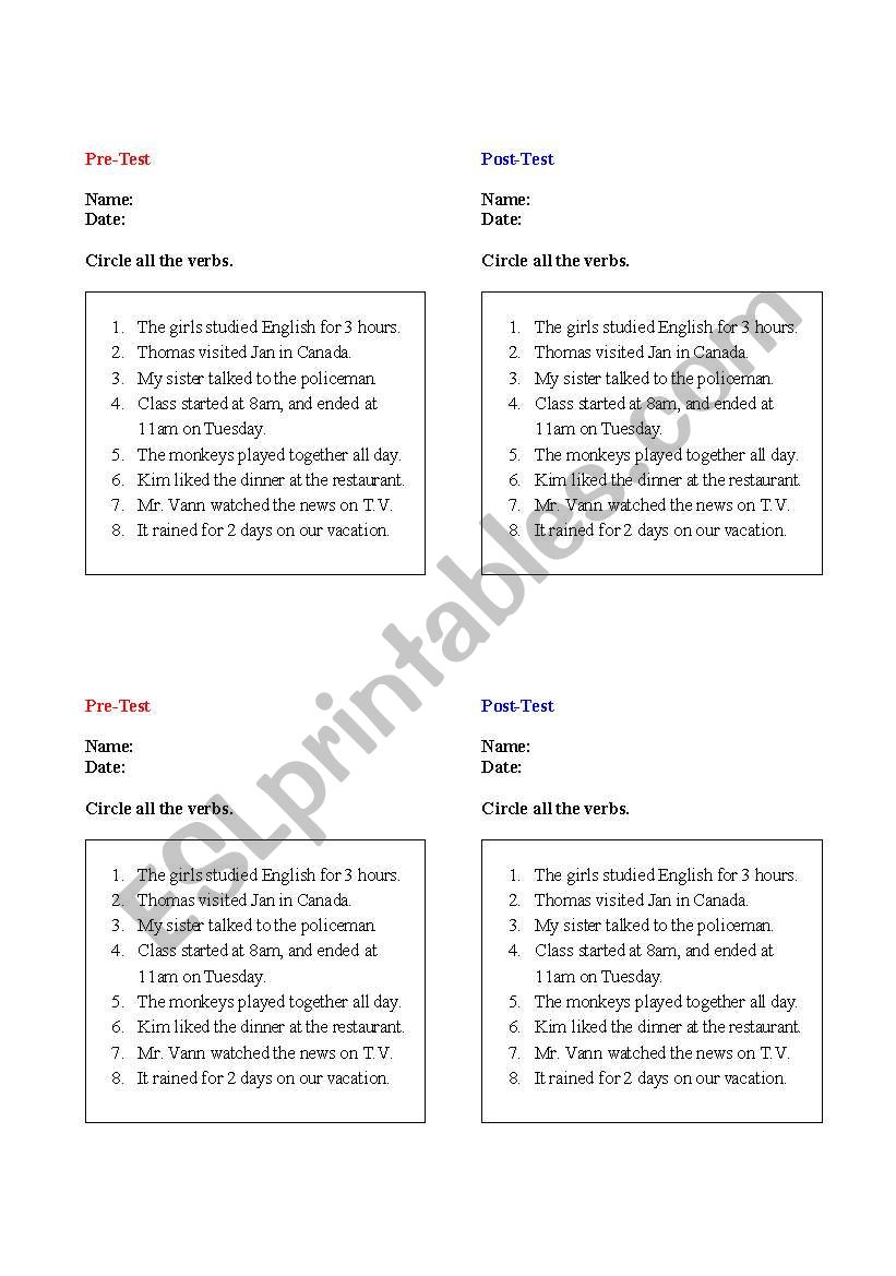 Identifying Simple Past - Pre/Post TEST