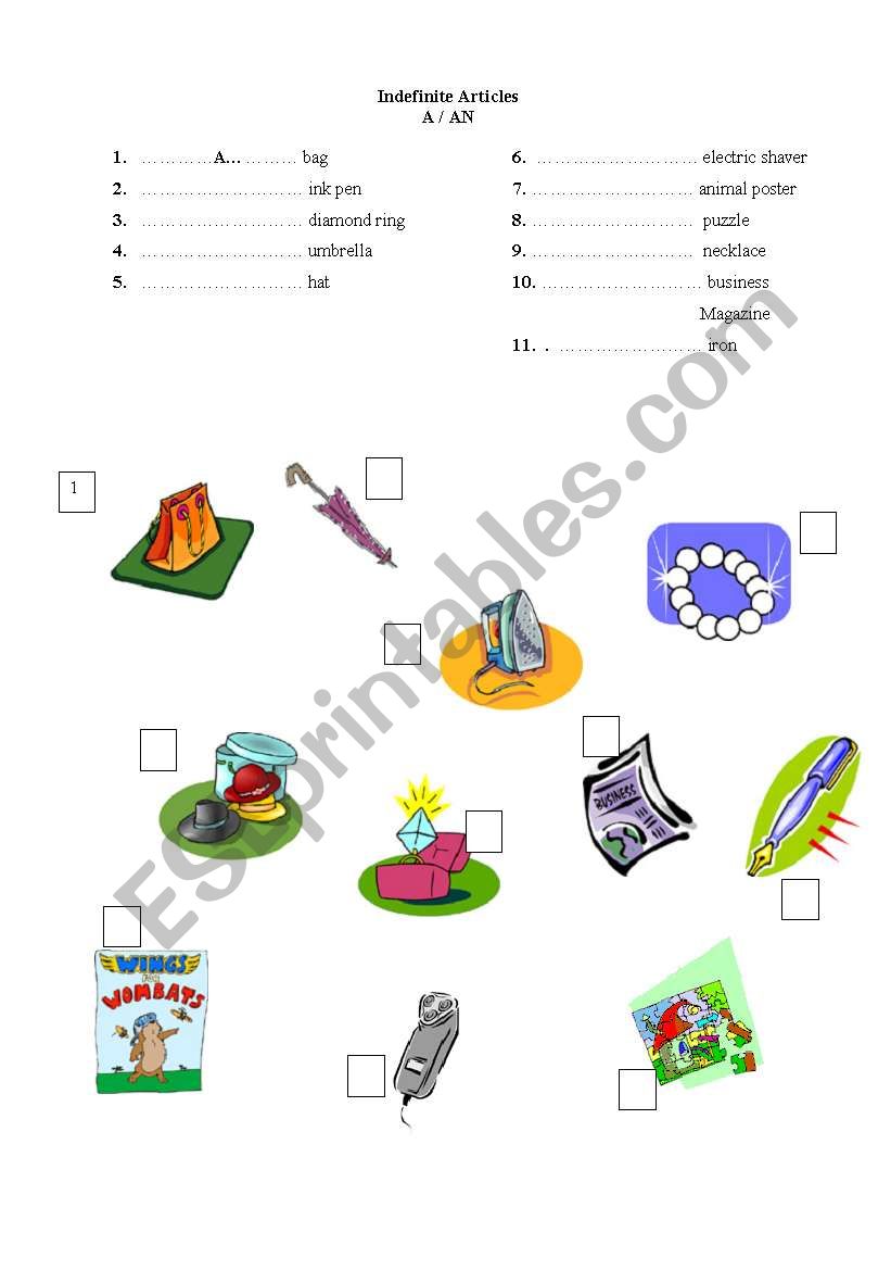 Indefinite articles worksheet