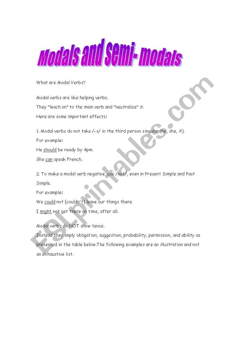 modals and semi modals worksheet