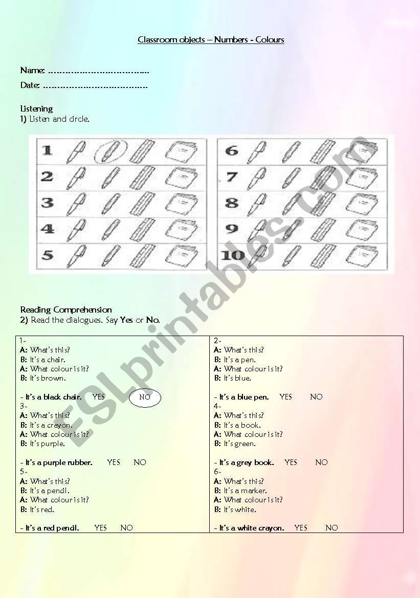 Classroom objects  - Numbers - Colours - Part 1/2