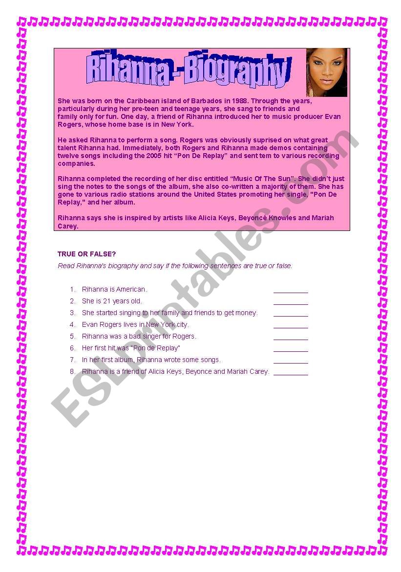 Rihanna - Biography worksheet