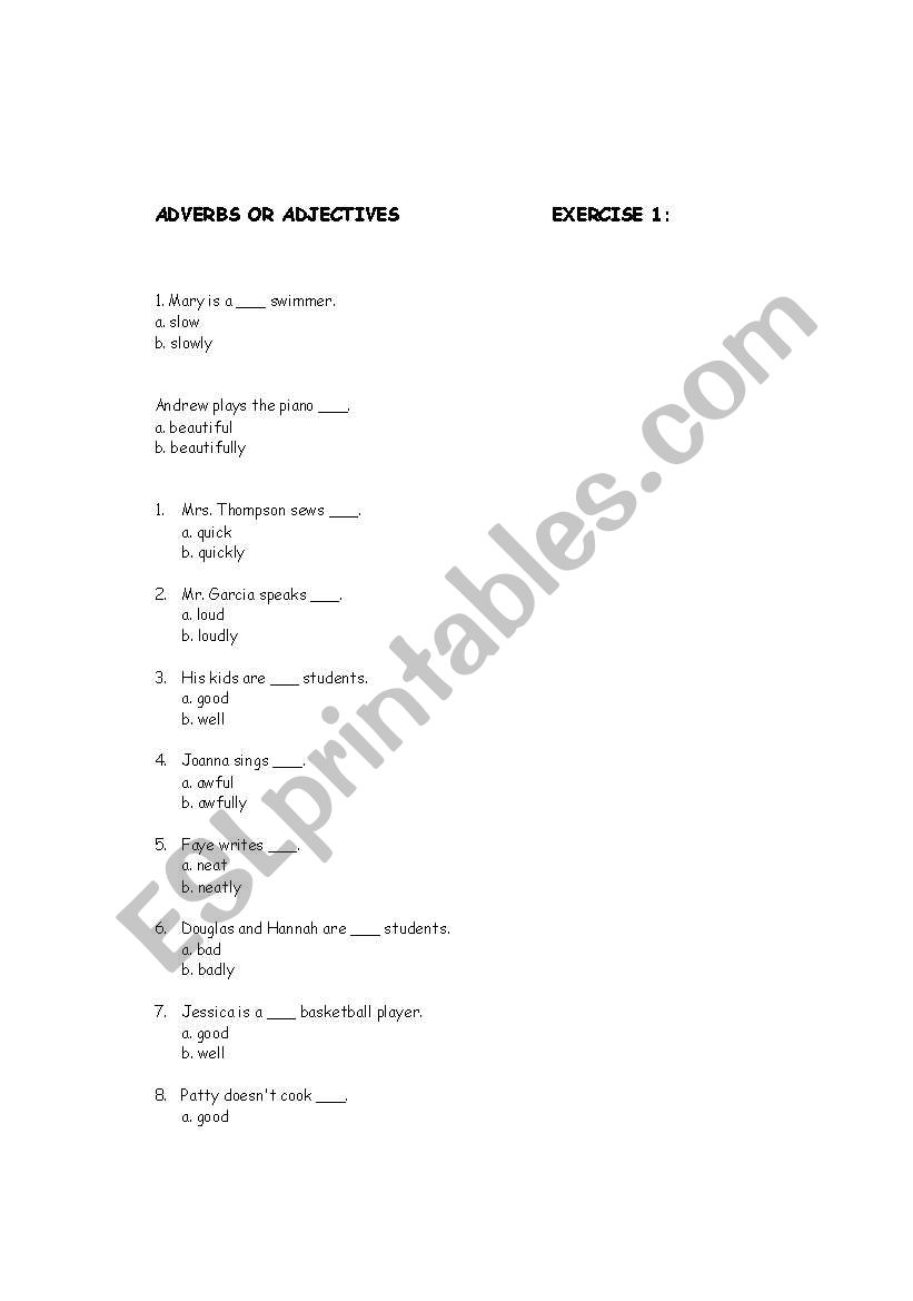 Adverbs or adjectives worksheet