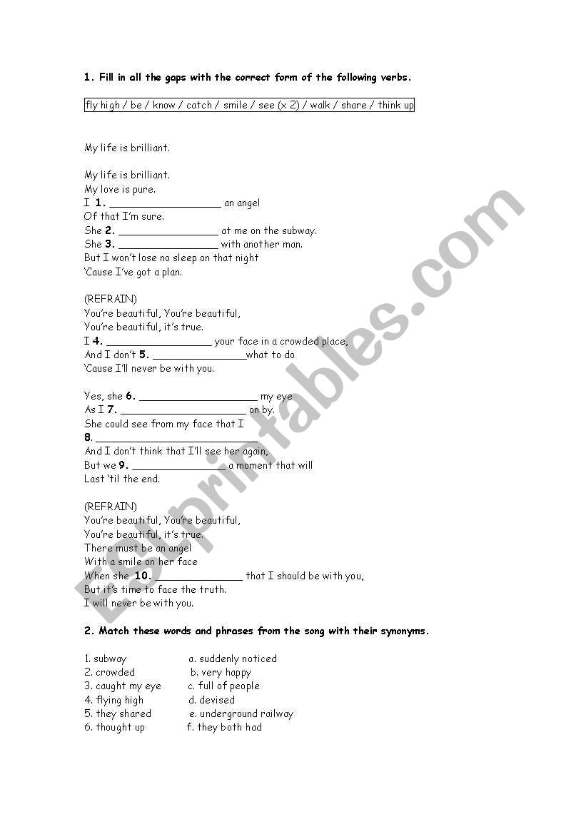 Youre beautiful worksheet