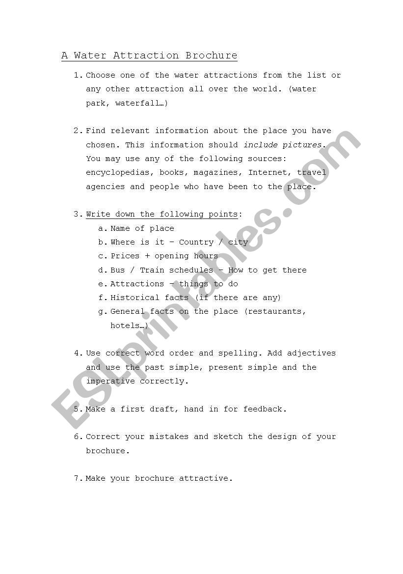 A Water Attraction Brochure worksheet