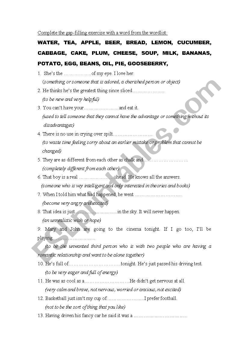 Food idioms excercise worksheet