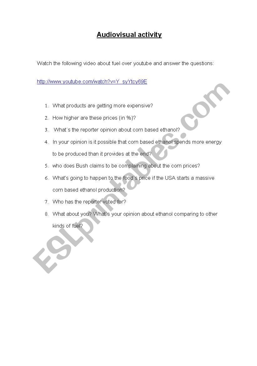 Ethanol, video and questions worksheet