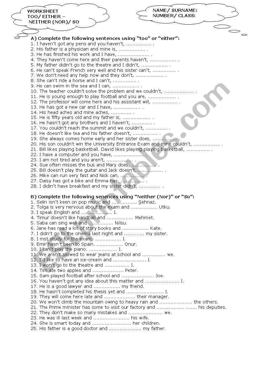 either / neither , so/nor worksheet