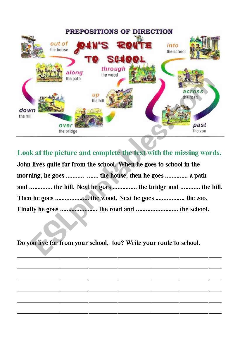 prepositions of direction - route to school