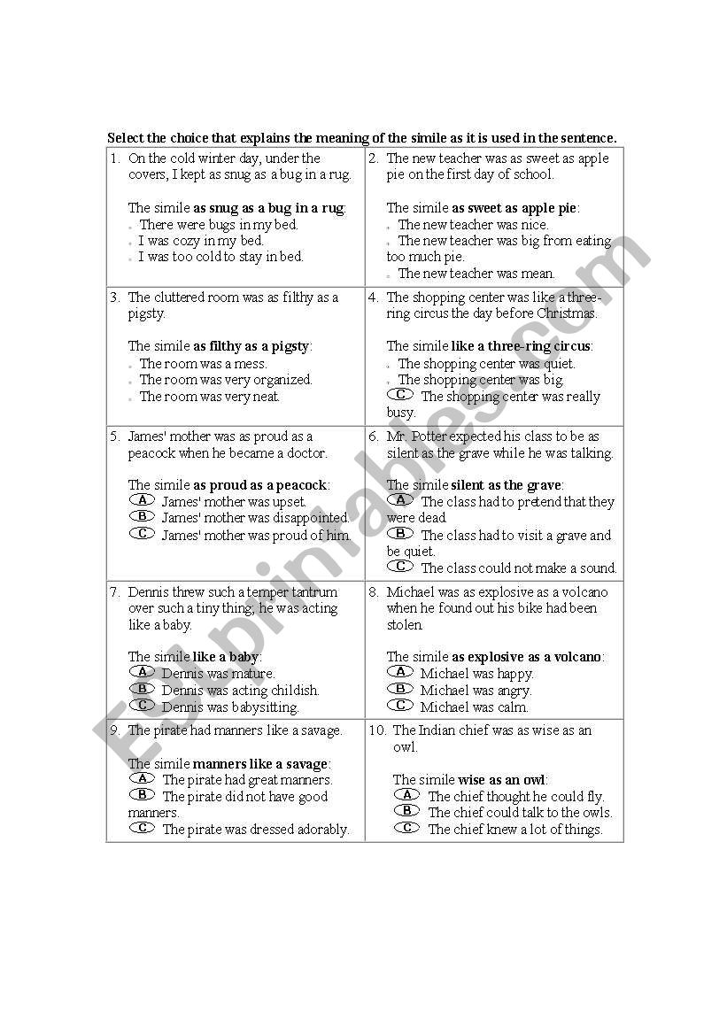 Simile and Metaphor Worksheet worksheet