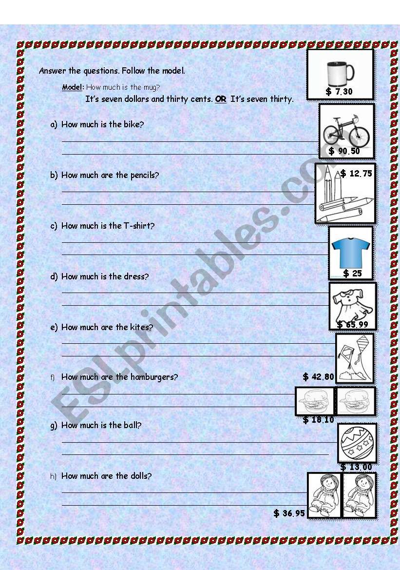 Prices worksheet