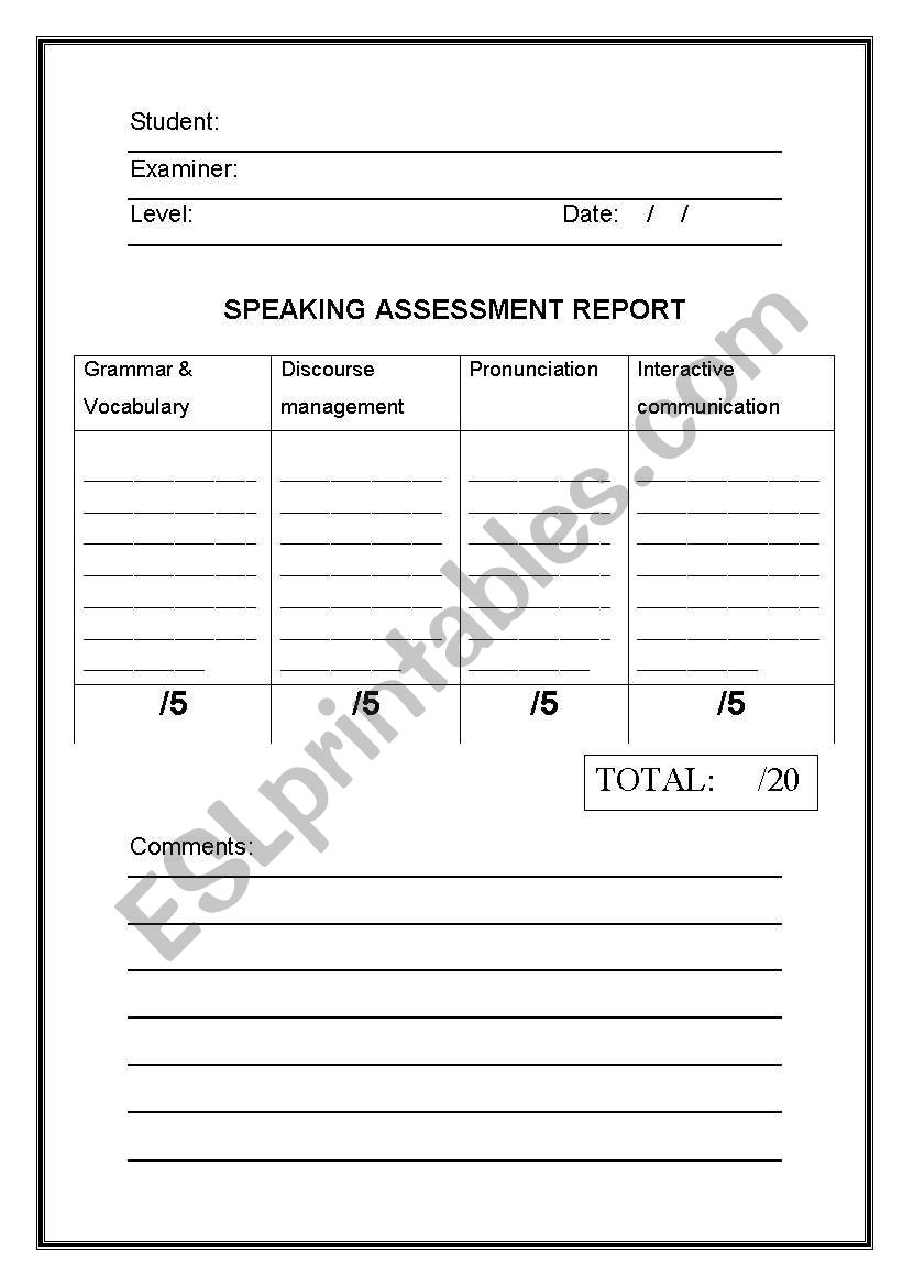 Speaking assessment report worksheet