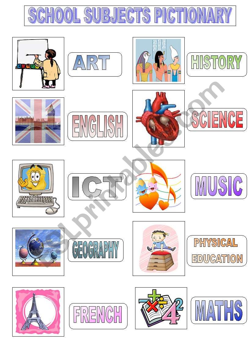 SCHOOL SUBJECTS PICTIONARY AND WORKSHEET