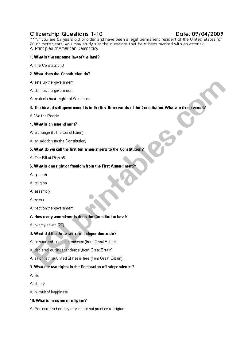 Citizenship Questions 1-10 worksheet