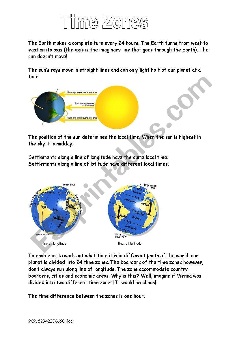 Time Zones Information worksheet